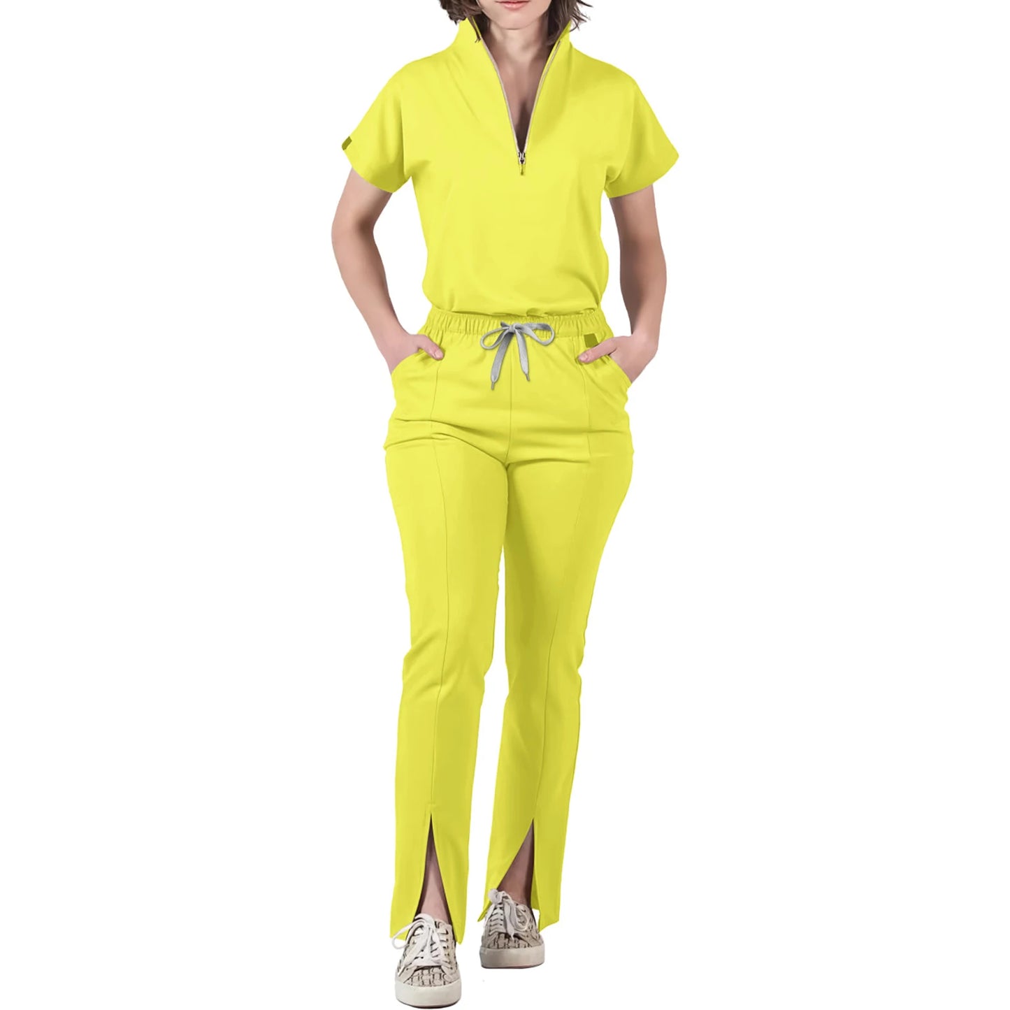 Women's Nurse Scrub Set V-Neck Half Zipper Short Sleeve Multi-Color Split Hem Pants Multi-Pocket Cozy Professional Workwear