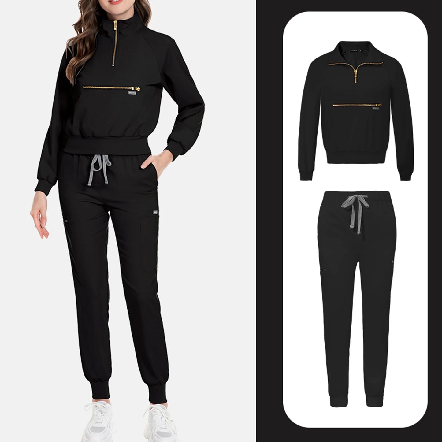 Women Nurse Scrub Set Stand Collar Half Zipper Long Sleeve Multi-Color Drawstring Pants Multi-Pocket Cozy Professional Workwear