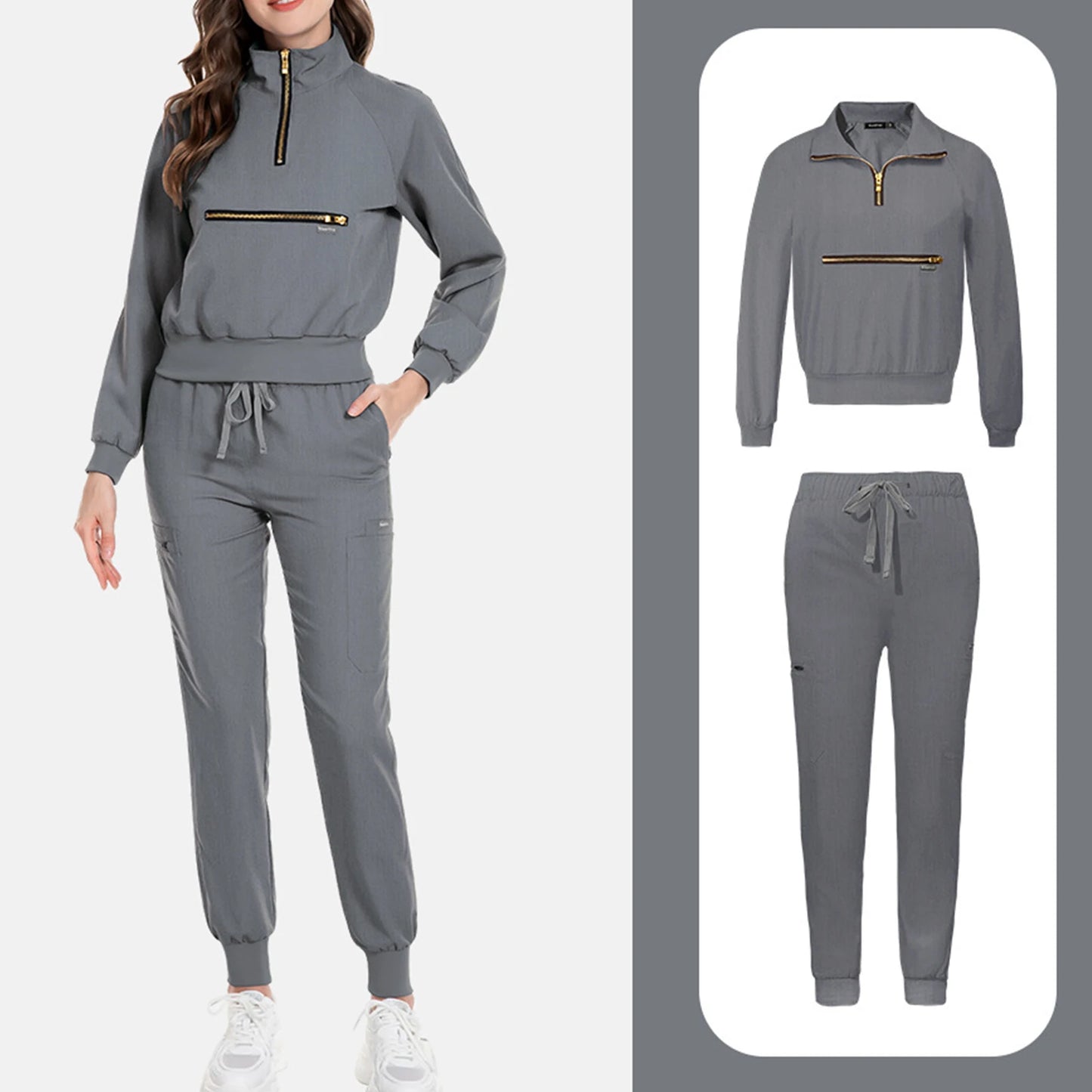 Women Nurse Scrub Set Stand Collar Half Zipper Long Sleeve Multi-Color Drawstring Pants Multi-Pocket Cozy Professional Workwear