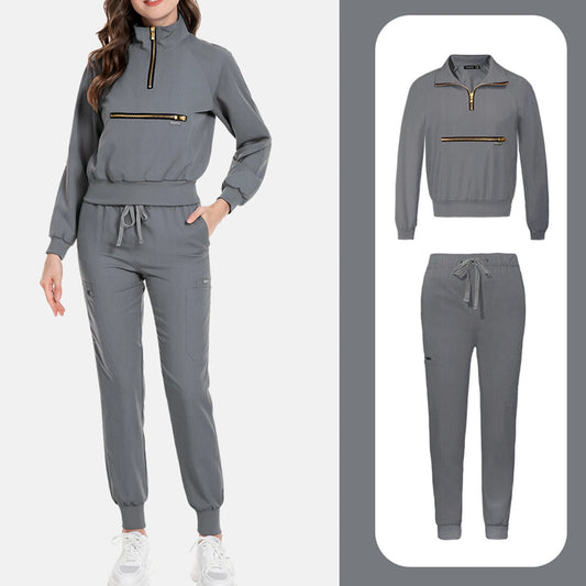 Women Nurse Scrub Set Stand Collar Half Zipper Long Sleeve Multi-Color Drawstring Pants Multi-Pocket Cozy Professional Workwear