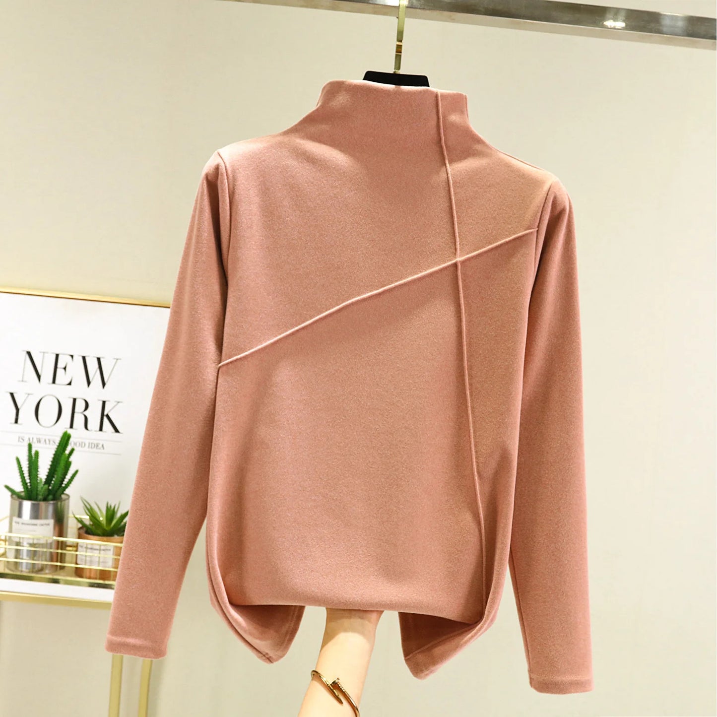 Women's Thickened Long Sleeve High Collar Double Sided Fleece Warm Top T-Shirt Autumn Winter plus Size Base Shirt Outerwear