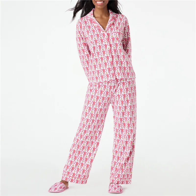 Roller Rabbit Monkey Pajamas Preppy Pjs Cute Pj Pants Sets For Women Long Sleeve Pajamas Set 2 Piece Loungewear
