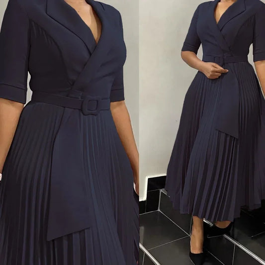 Elegant Office Dresses Pleated for Woman  Half Sleeve Belt Waisted Professional  Business