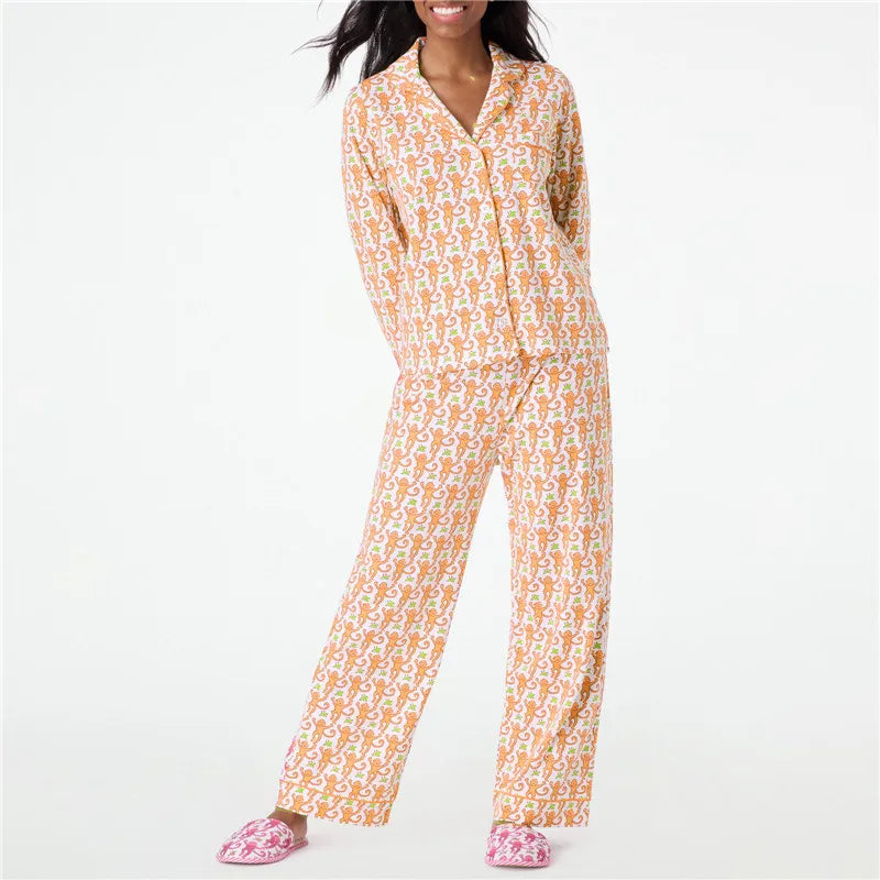 Roller Rabbit Monkey Pajamas Preppy Pjs Cute Pj Pants Sets For Women Long Sleeve Pajamas Set 2 Piece Loungewear