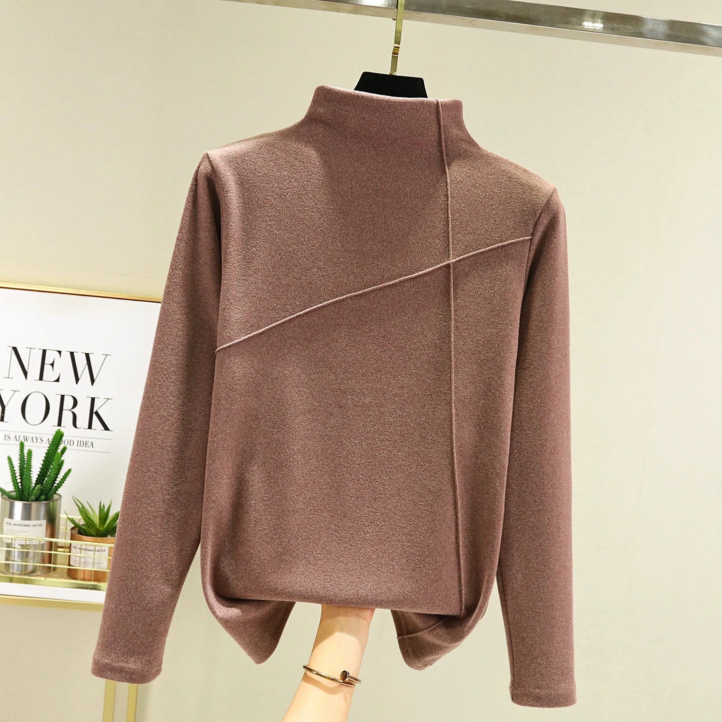 Women's Thickened Long Sleeve High Collar Double Sided Fleece Warm Top T-Shirt Autumn Winter plus Size Base Shirt Outerwear
