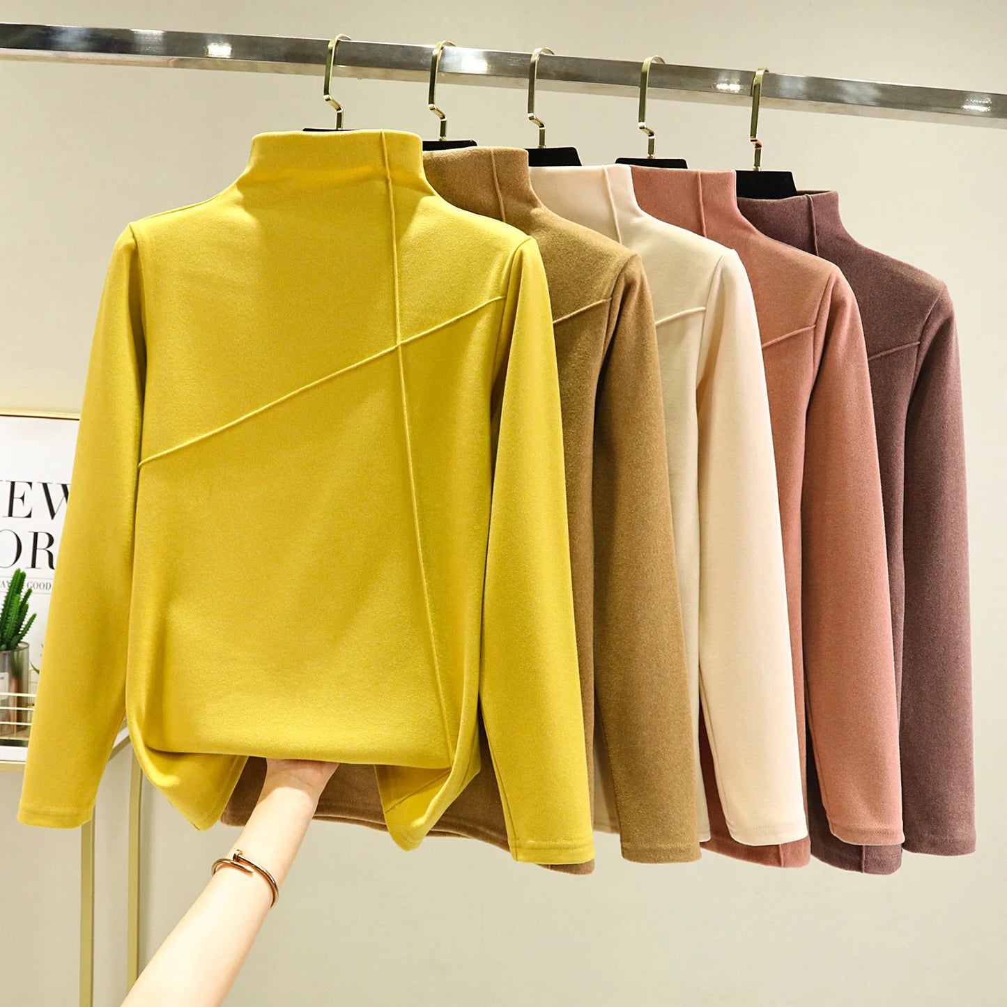 Women's Thickened Long Sleeve High Collar Double Sided Fleece Warm Top T-Shirt Autumn Winter plus Size Base Shirt Outerwear