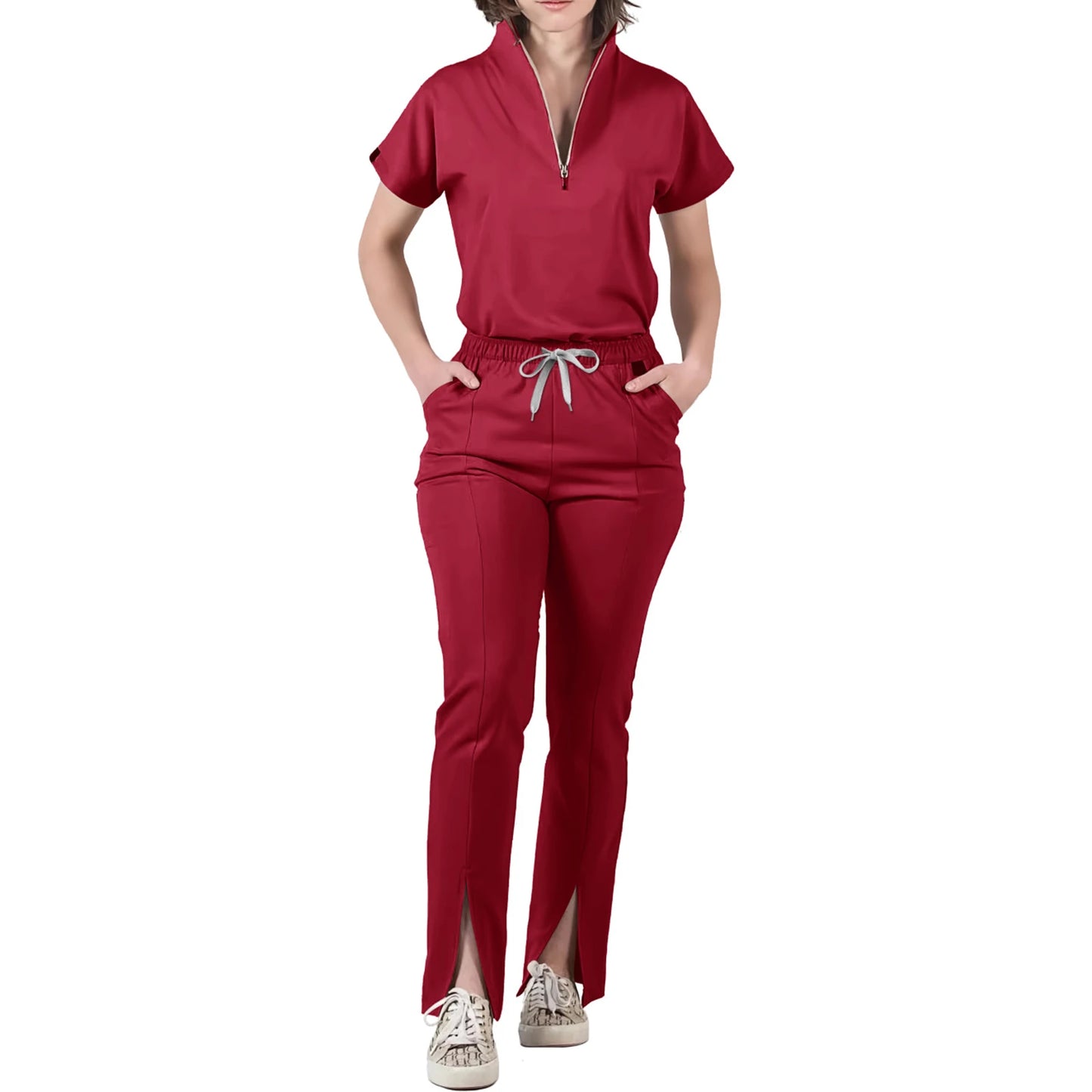 Women's Nurse Scrub Set V-Neck Half Zipper Short Sleeve Multi-Color Split Hem Pants Multi-Pocket Cozy Professional Workwear