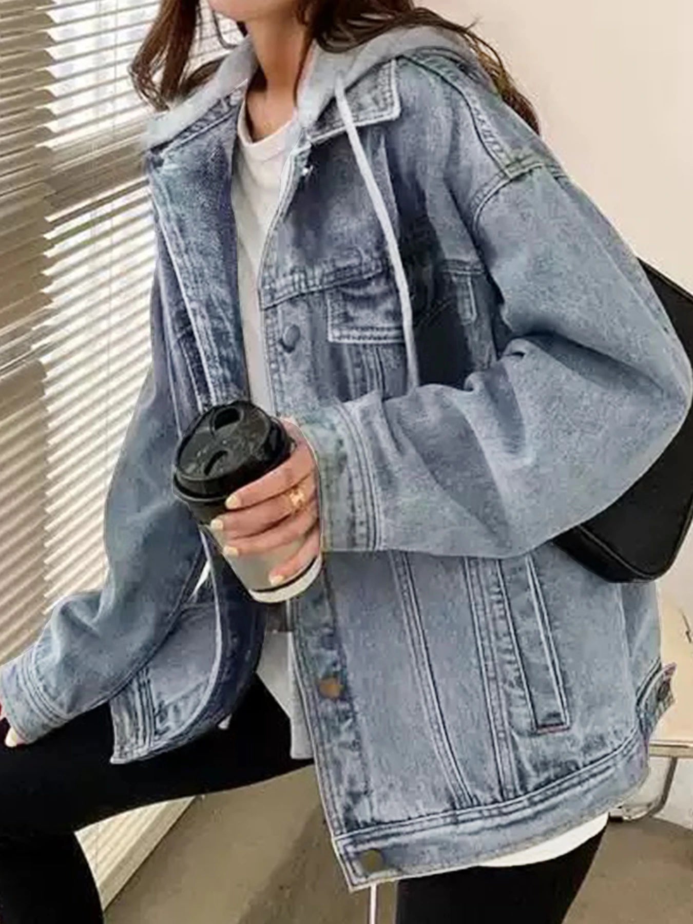 Women's New Loose Casual Denim Hoodie, Long Sleeved Short Flip Pocket Denim Jacket,