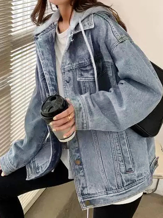 Women's New Loose Casual Denim Hoodie, Long Sleeved Short Flip Pocket Denim Jacket,