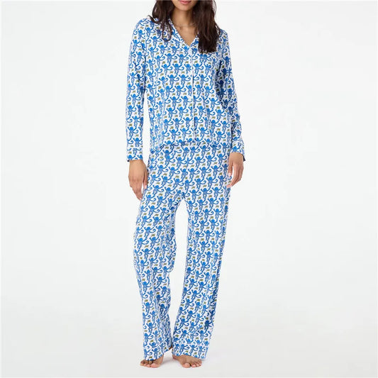 Roller Rabbit Monkey Pajamas Preppy Pjs Cute Pj Pants Sets For Women Long Sleeve Pajamas Set 2 Piece Loungewear