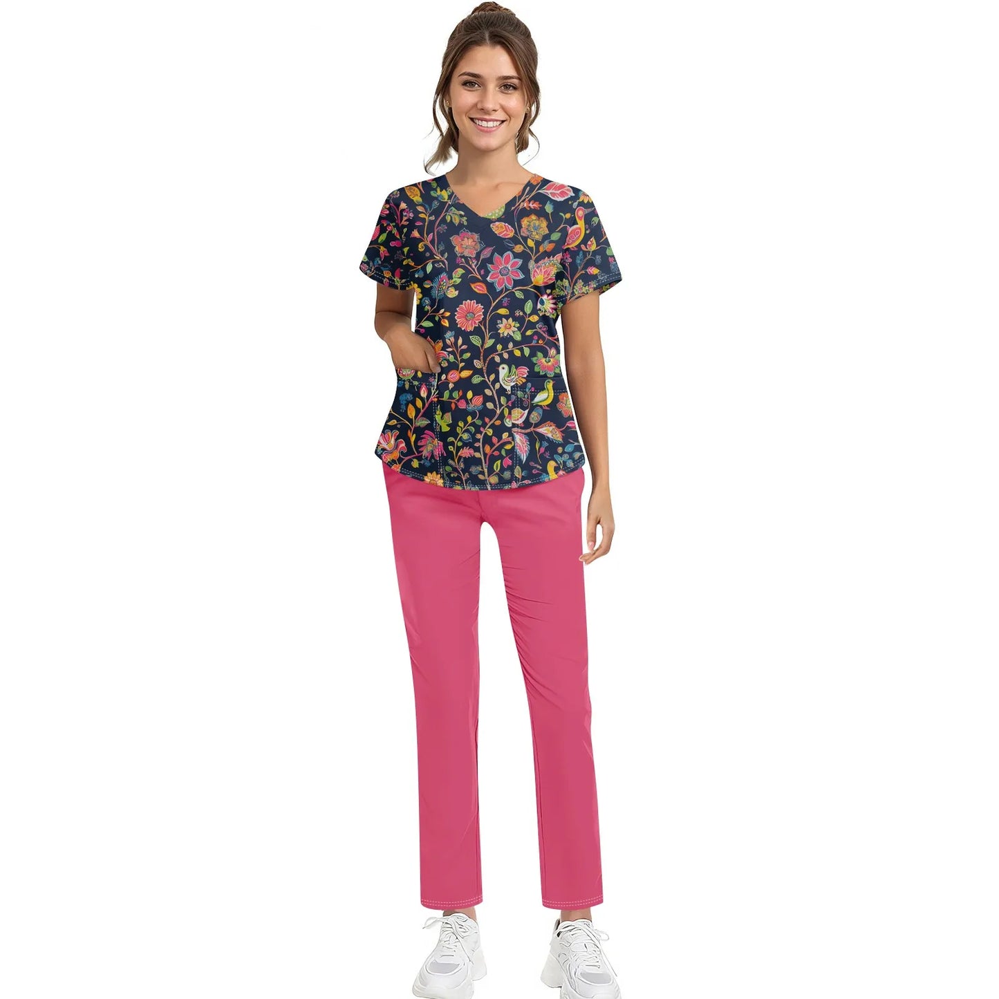 Women'S Nurse Uniform Suit Short-Sleeved Animal Floral Print Pocket Top And Pants Work Clothes Nursing Uniform Two-Piece Suit